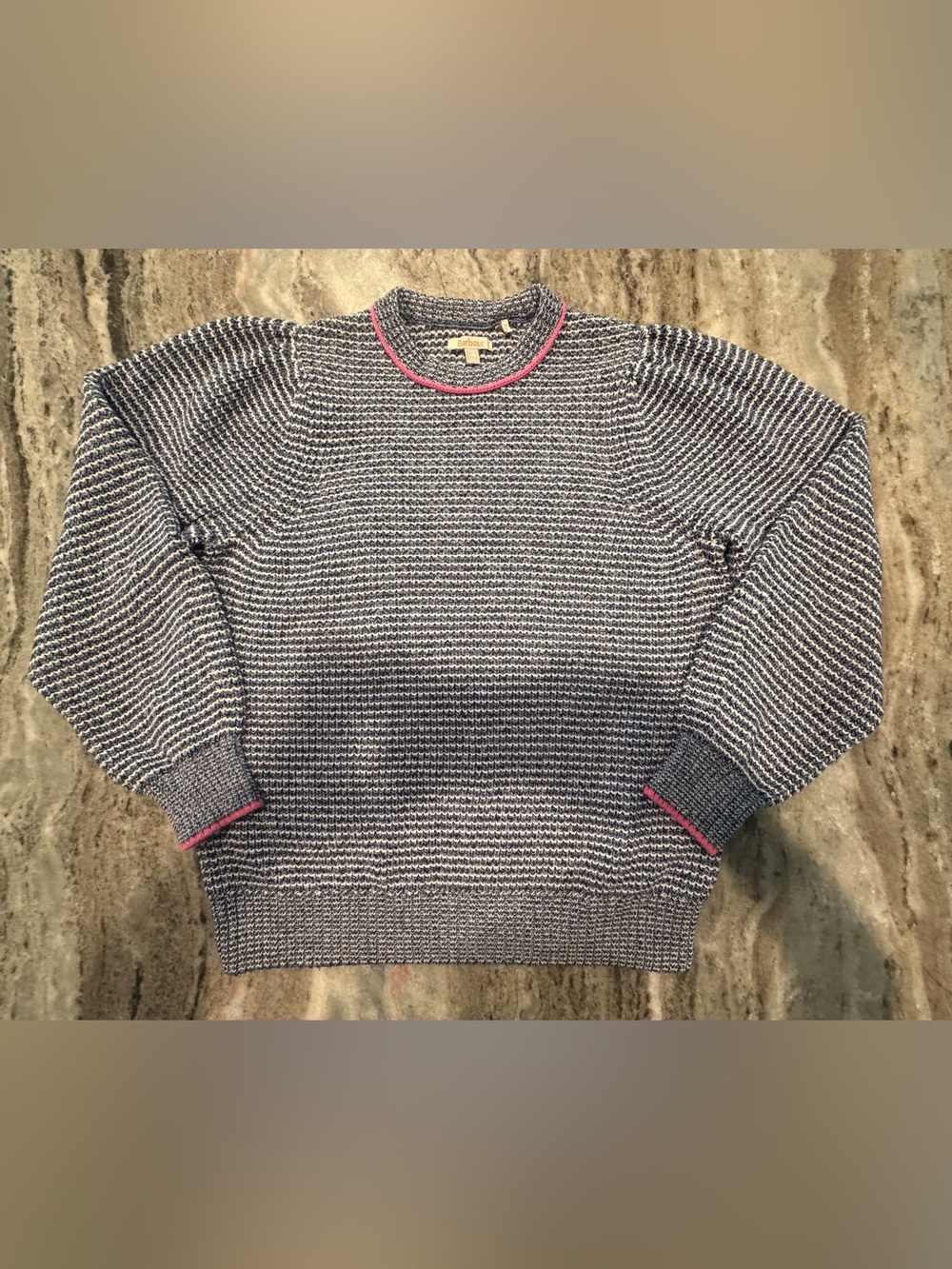 Barbour Ladies Blue & White Sweater Pink Trim. Size 8. EUC!!
